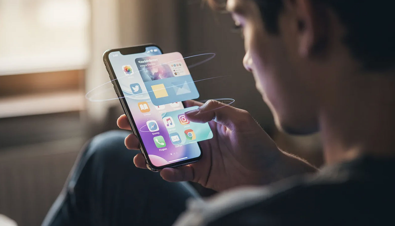 The image shows a person holding a smartphone, with dynamic content visibly shifting on the screen during user interaction, illustrating unexpected layout shifts that can affect the user experience and overall visual stability of the web page. This scenario highlights the importance of minimizing layout shifts to improve the cumulative layout shift score and ensure text remains visible during page load.
