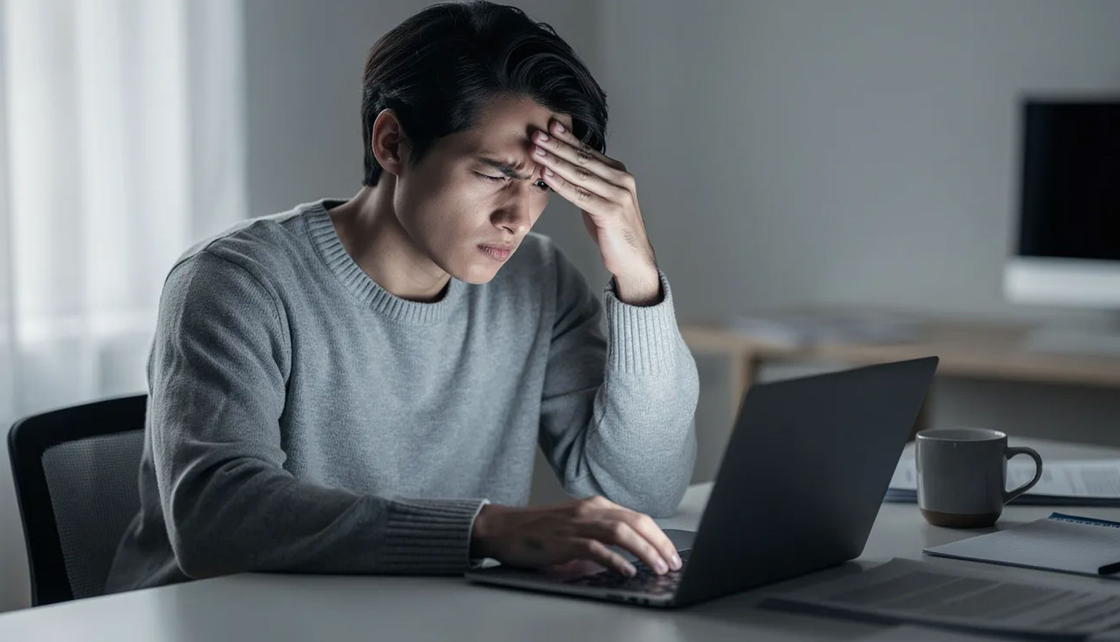 The image depicts a person with a frustrated expression while using a laptop computer, likely experiencing unexpected layout shifts during user interaction. Their visible frustration suggests challenges with page load and dynamic content, highlighting the importance of minimizing layout shifts for a smoother experience.