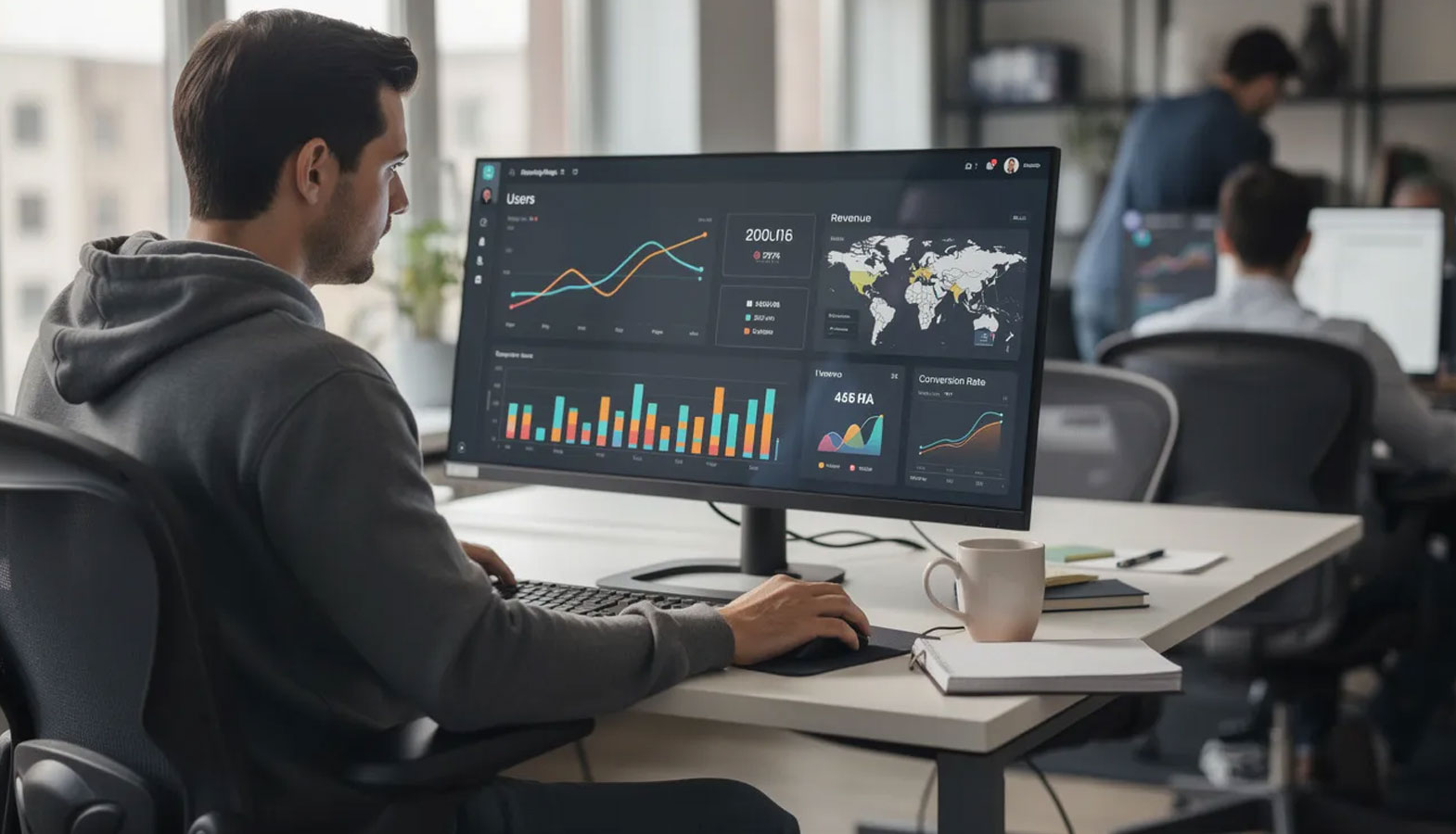 The image shows a developer focused on reviewing an analytics dashboard displayed on a computer monitor, analyzing metrics related to cumulative layout shift (CLS) and user interaction. The dashboard likely includes data on layout shifts, page load performance, and other core web vitals to help improve visual stability and user experience.
