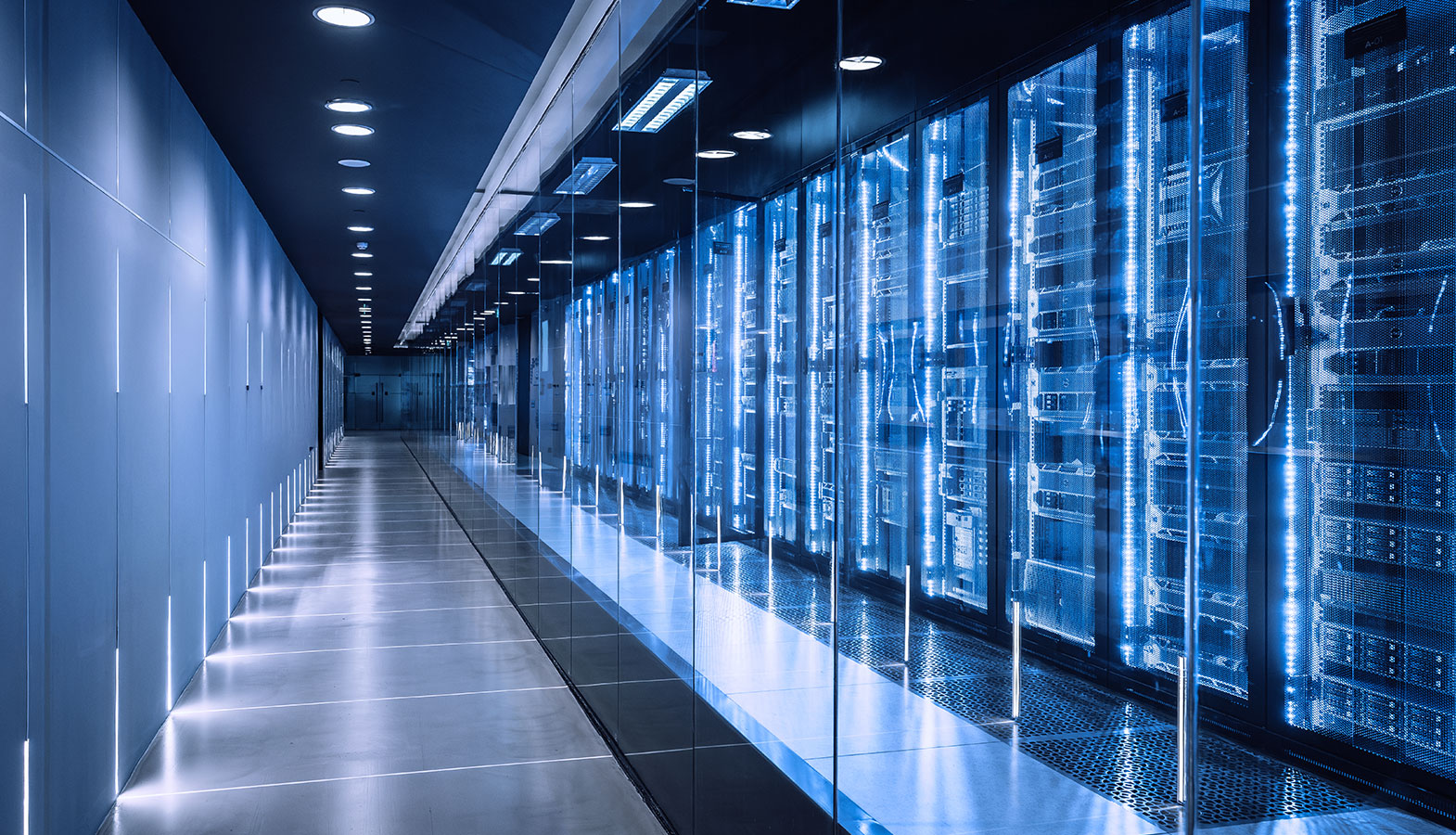 The image depicts server hardware neatly arranged in a modern data center facility, showcasing rows of sleek, high-performance servers. This background image highlights the advanced technology and infrastructure critical for optimizing load times and improving the largest contentful paint (LCP) metrics for web pages.