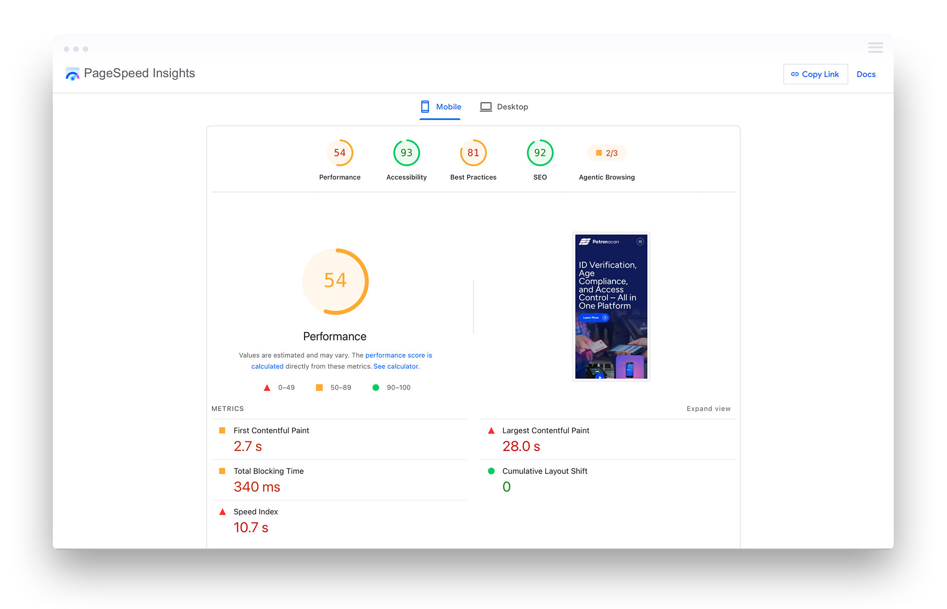 PageSpeed Insights mobile report for Patronscan, September 4, 2026: performance 54, LCP 28.0 s, CLS 0, blocking time 340 ms
