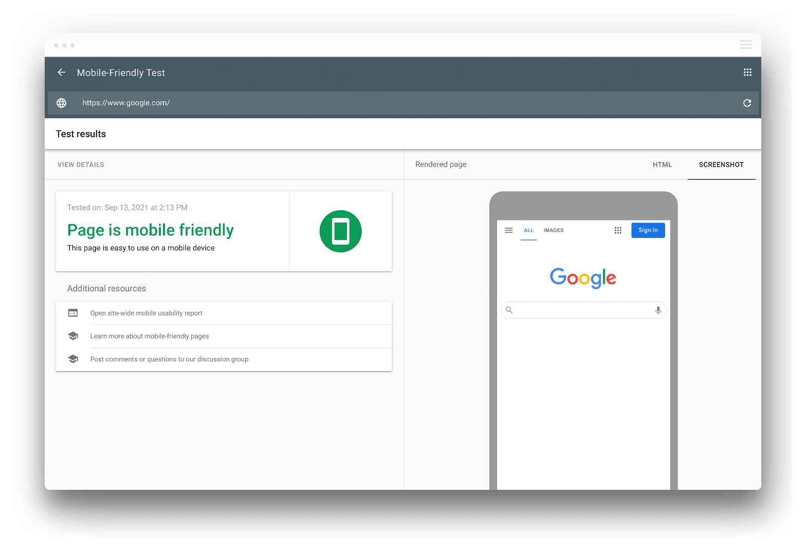 Google's Mobile Friendly Testing Tool