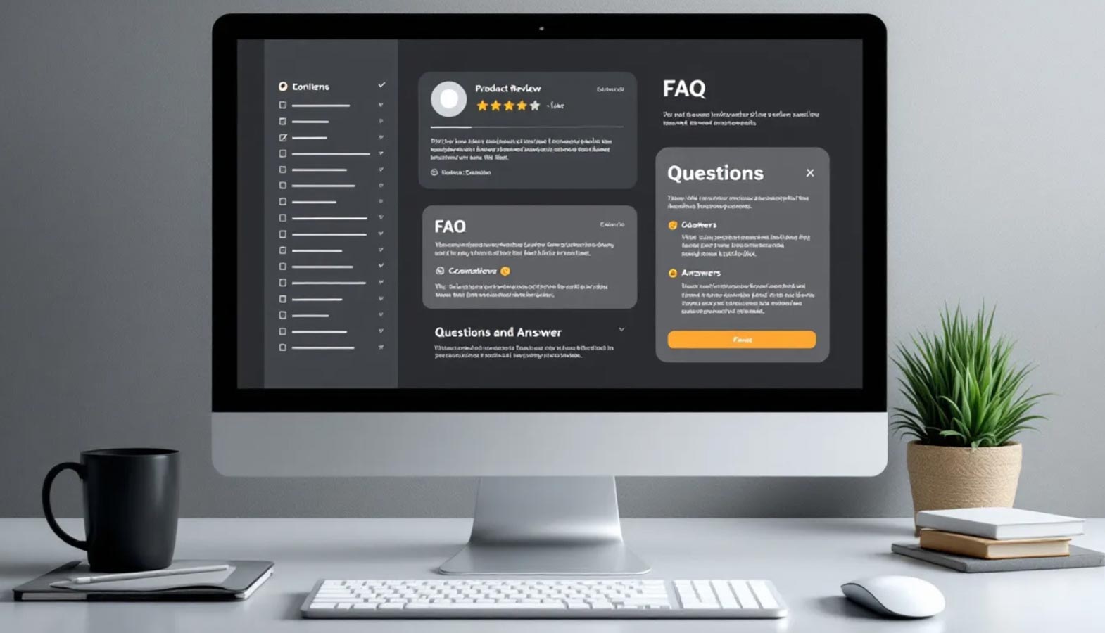 The image displays a computer screen showcasing various content formats, including lists, reviews, and FAQs, arranged in an organized manner. This visual emphasizes the importance of content strategy in the AI search era, highlighting how different formats can enhance brand visibility and user engagement.