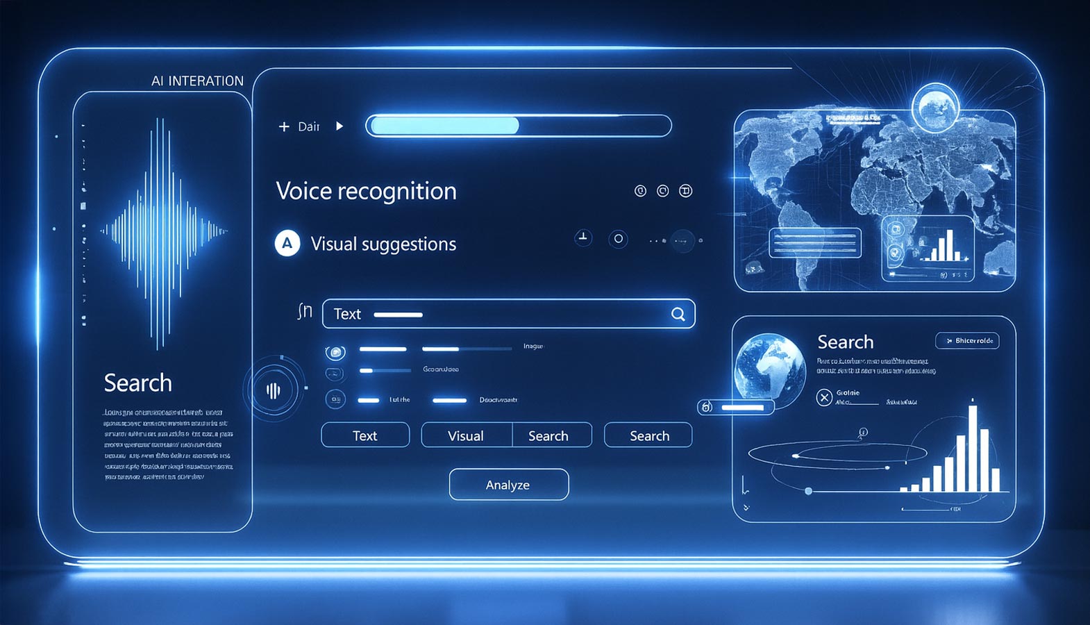 The image depicts a futuristic AI interface that seamlessly integrates voice, text, and visual search elements, showcasing various AI tools and systems at work. It illustrates the AI search era, emphasizing how large language models and generative engines optimize user interactions and responses.