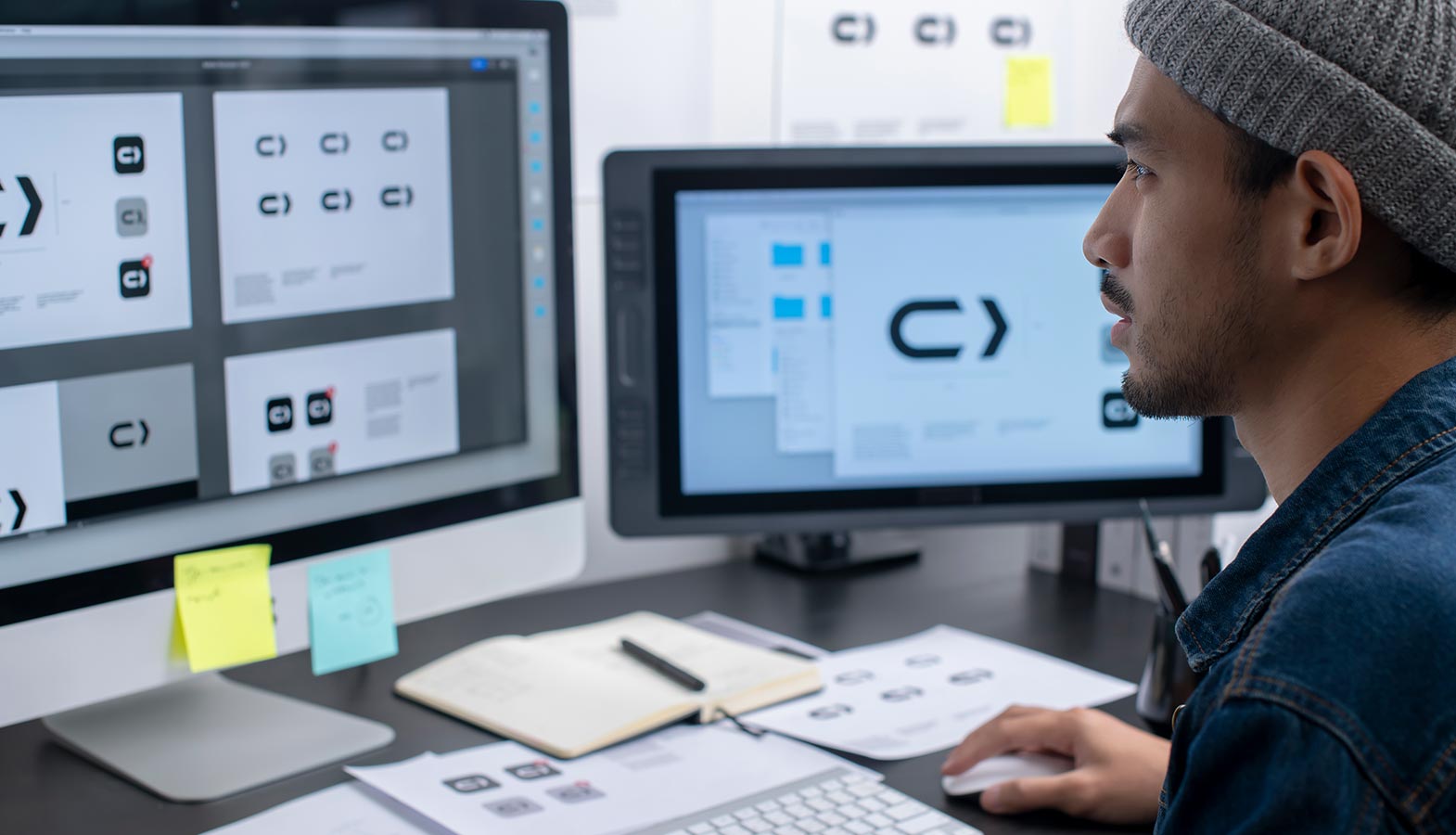 A designer is focused on a digital tablet, using a stylus to review website layouts, showcasing the web development process. The scene highlights the integration of AI tools, emphasizing intelligent code assistance and real-time suggestions for creating visually stunning web pages.