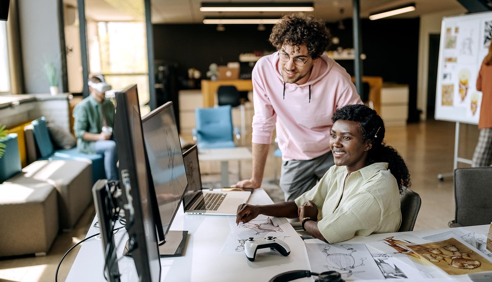A developer is focused on their work at a modern workstation, surrounded by multiple monitors that display lines of code and real-time suggestions. This setup highlights the use of AI-powered web development tools, enabling efficient coding and enhancing the web development process.