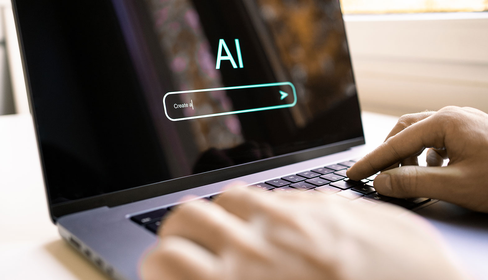 The image shows a laptop screen featuring an AI search interface, displaying conversational results that highlight AI-generated answers and insights related to search engine optimization. This interface illustrates how AI tools can enhance keyword research and improve search rankings through user intent analysis and content optimization.