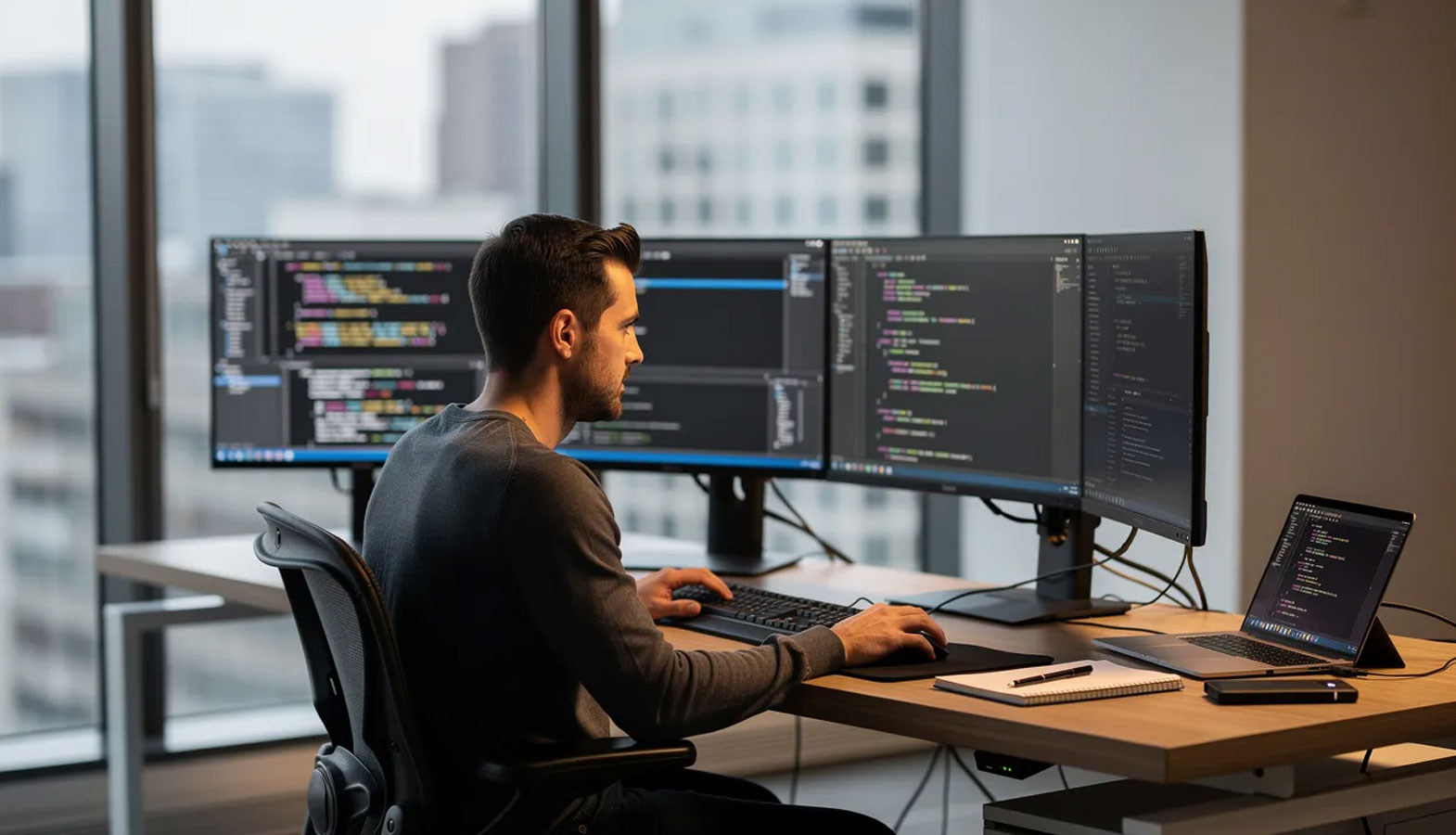 A developer is intently working on code across multiple monitors in a professional workspace, surrounded by various AI tools and SEO resources that enhance search engine optimization and content creation processes. The setup reflects a focus on improving search rankings and user intent through efficient coding practices.